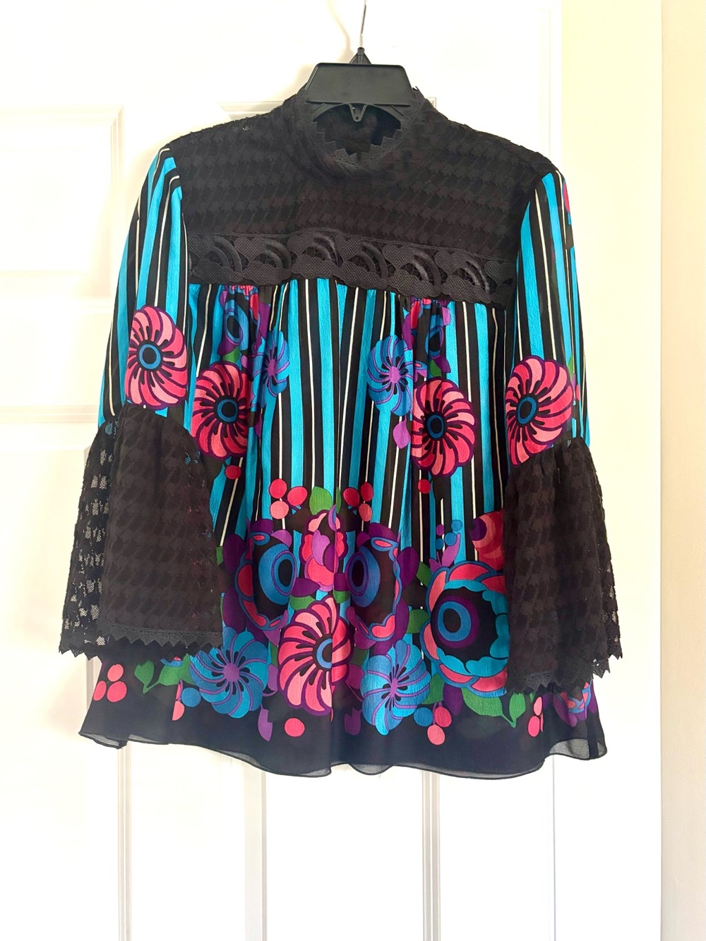 Anna Sui Black Tunic with Turquoise and Pink Floral Stripes. Great conditions